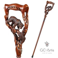 Wooden Cane Walking Stick Hand Carved Crafted Grizzly Bear Salmon for men 