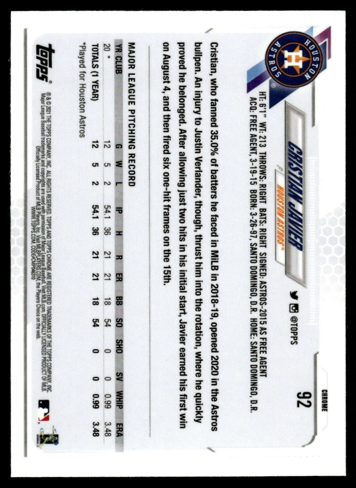 2021 Topps Chrome X FRACTOR Cristian Javier Rookie Houston Astros #92 - Image 2 of 2