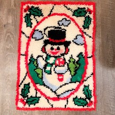 Vintage Handmade Latch Hook Christmas Rug Wall Hanging Snowman Kitschy Cute