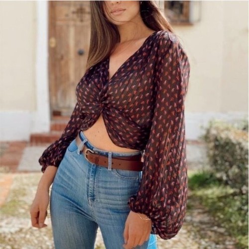 NWT Zara Balloon Sleeve Front Twist Knotted Paisley Crop Top Black Size XS  NEW | eBay