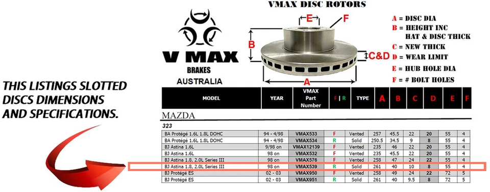 S fits MAZDA 323 BJ Astina 1.8 2.0L Series III 1998 On REAR Disc Rotors & PADS - image 2 of 4