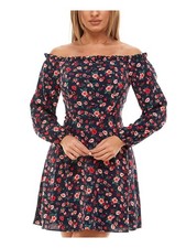 B DARLIN Womens Navy Long Sleeve Off Short Fit + Flare Dress 1314