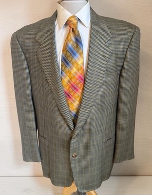 Hickey Freeman Modern Green Plaid  Wool Blazer Sport Coat Jacket Sz 44R USA Made