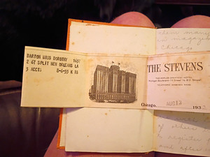 Aug 1933 Handwritten Travel Diary Pages Stevens Hotel Chicago w/ German 50 Mark