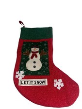 Vintage Handmade Christmas Stocking Red Green Snowman Let It Snow Holiday 18