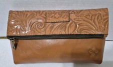 Patricia Nash Valerie Tan Tooled Leather Foldover Clutch Wristlet Magnetic Zip