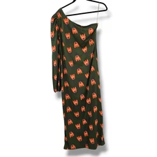 Karlie One Shoulder Midi Dress Orange Tulip Print Green Puff Sleeve Side Slit S