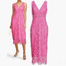 NWT $495 ML MONIQUE LHUILLIER GUIPURE LACE MIDI DRESS IN PINK SIZE 4