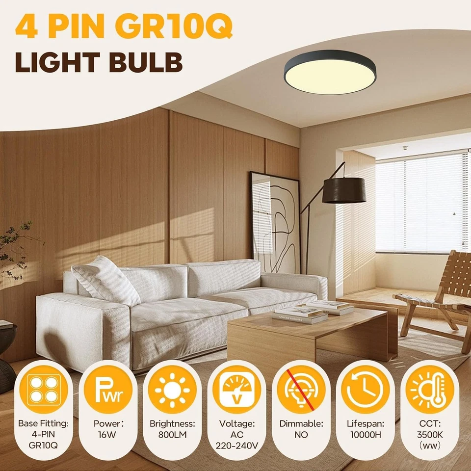 GR10q 4 PIN 16W Light Bulb, 2D 4 Pin Bathroom Light Bulbs Warm White 3500K, Squa - Image 2 of 4