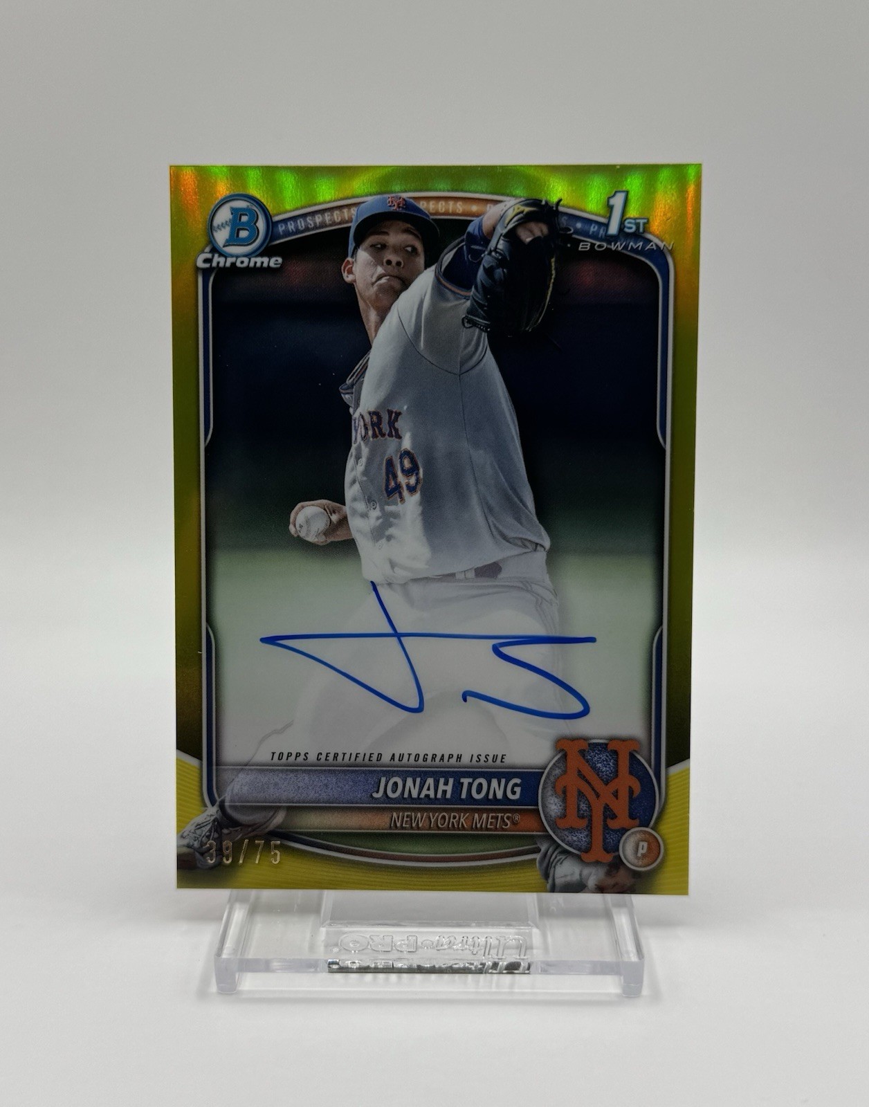 2025 Bowman Chrome Prospect Autographs Jonah Tong #CPA-JTO Yellow Refractor /75