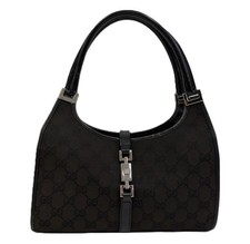 Gucci Jackie GG Canvas Handbag One Shoulder Tote Bag Black Silver Hardware