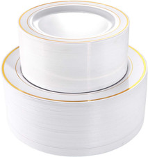 102PCS White Gold Disposable Plastic Plates Set Wedding Party Dinnerware