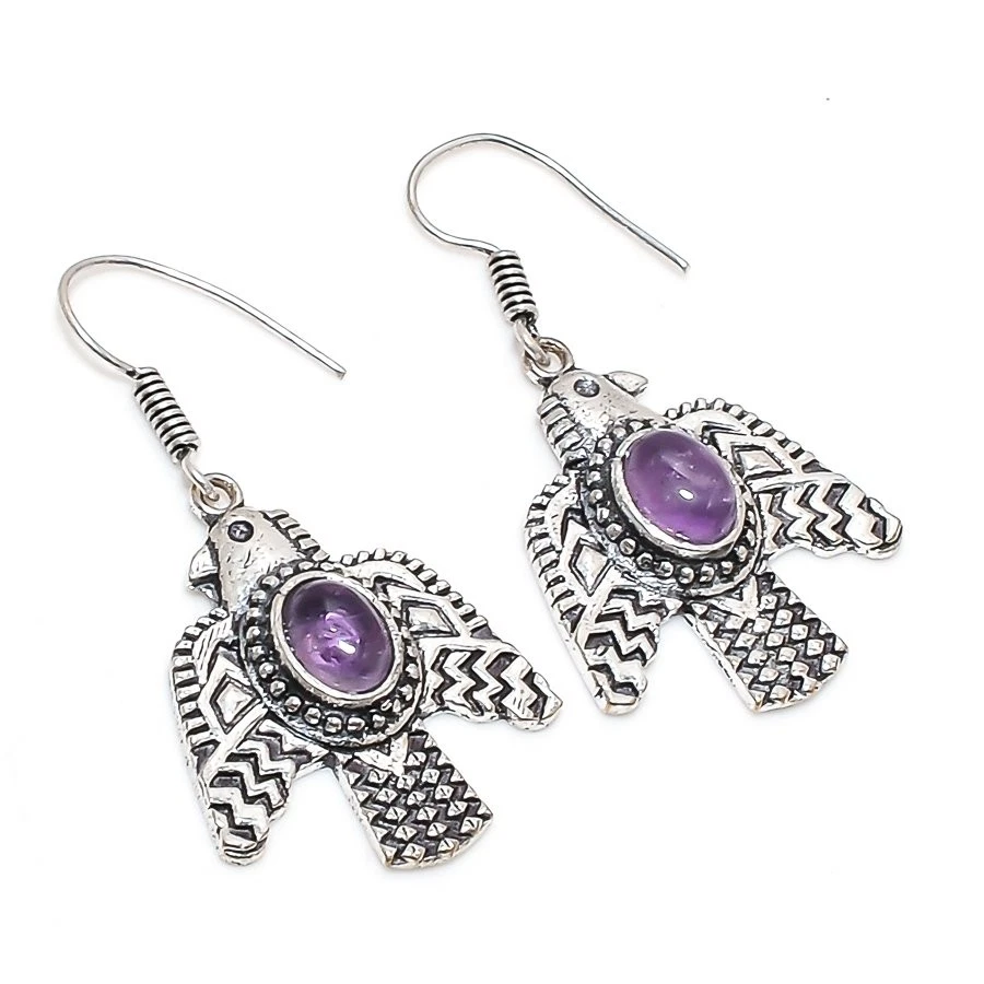 Boucles D'oreilles Pendantes En Améthyste Africaine Lab-created - Forme Goutte, Plaqué Argent, Fait Main En Inde
