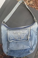Vintage 90s Denim Jean Shoulder Bag Purse Floral Embroidery