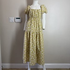 ASTR The Label Puff Sleeve Cotton Floral Tiered Maxi Dress Yellow Green Size Sm