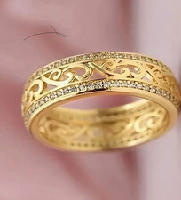 Yellow Gold Plated Filigree Band Ring Size A Pavé Round Crystal, Gold