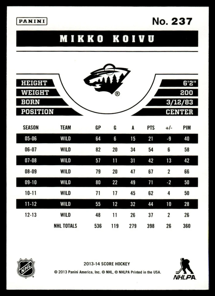 2013-14 Score Gold Mikko Koivu Minnesota Wild #237 - Image 2 of 2