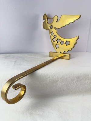 Vintage Solid Brass Angel Cherub with Trumpet Stars Stocking Hanger Long Arm