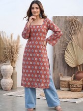 Indian Women Maroon Cotton Ethnic Motifs Printed Trending Kurta Kurti Top Tunic