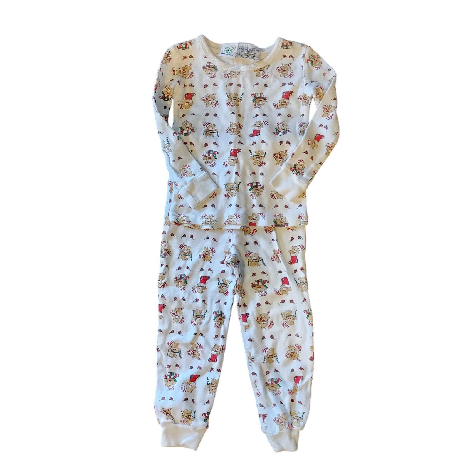 Green Dog Pajama Set Santa Teddy Bear Print 2-Piece Set White Kids Size 3T