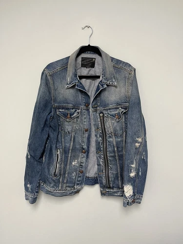 $1250 R13 Distressed Zipper Trucker Blue Jacket Large image 3