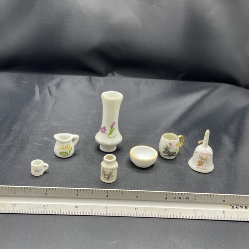 mini porcelain Lot Of 7 Items Vase, Bell, 2 Pitchers, Bowl, Cup, Canister - Picture 2 of 5