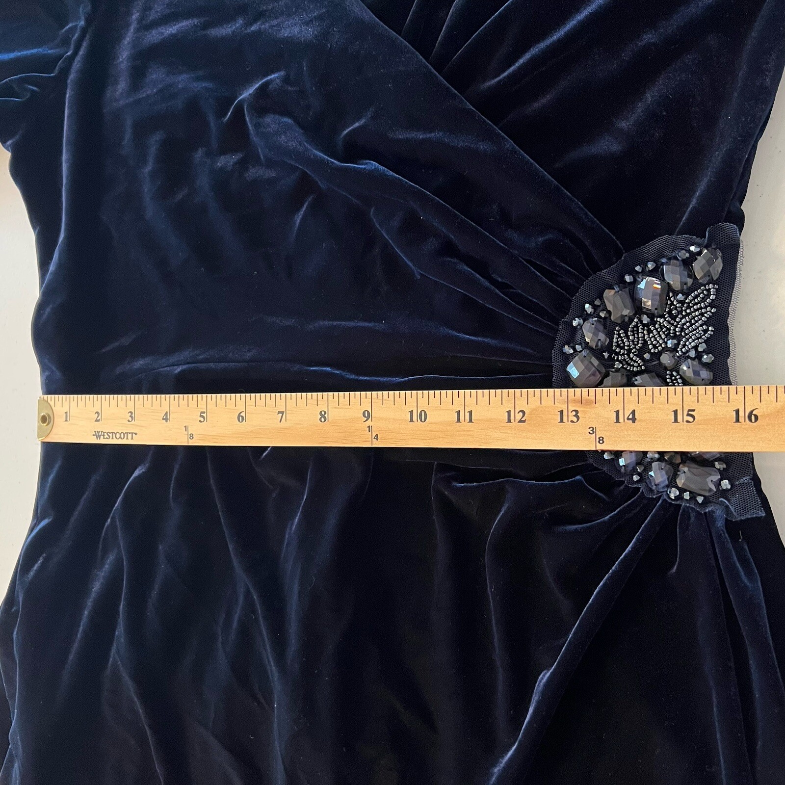 Rickie Freeman Teri Jon Womens Long Sleeve Rhinestone Velvet GownEvening Blue 16