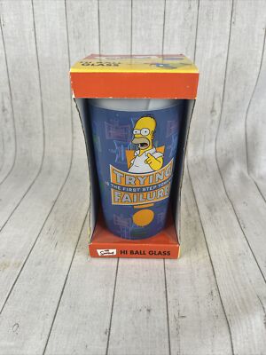 Vtg The Simpsons Hi Ball Glass Homer Trying is the First Step 100% Glass Read