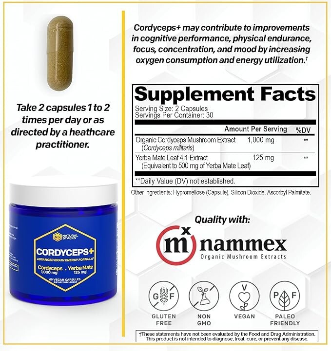 Natural Stacks Cordyceps + Mushroom Supplement with Yerba Mate - Focus & Energy