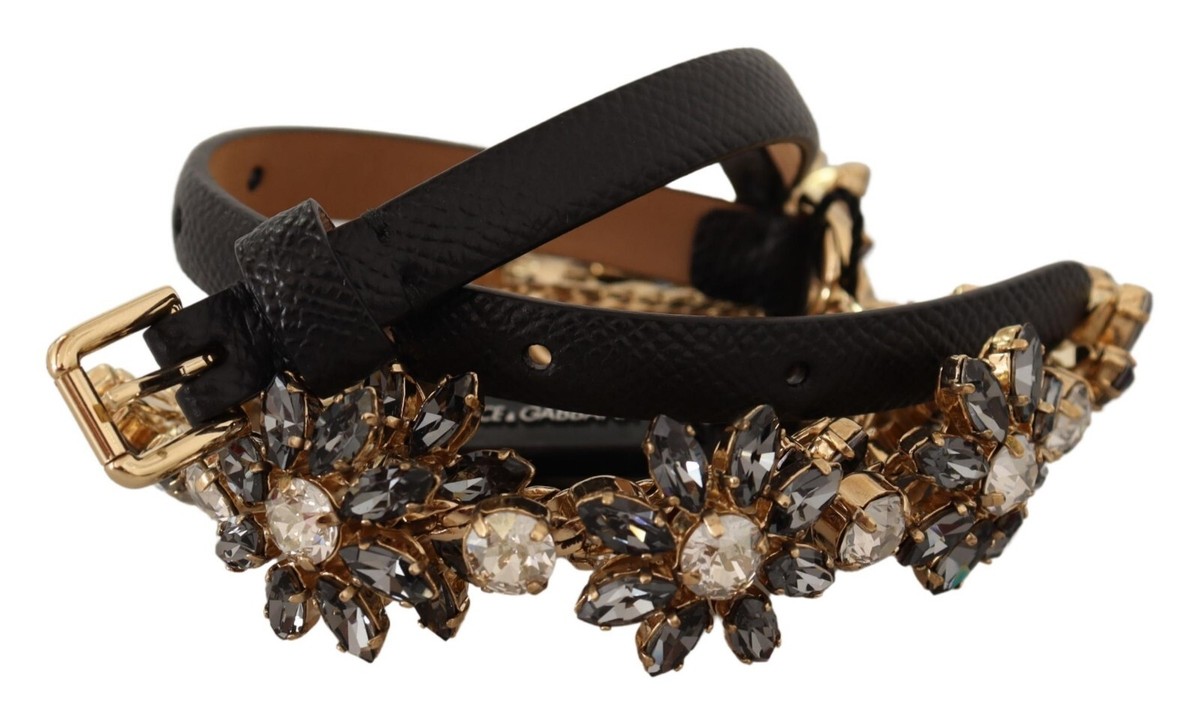 DOLCE&GABBANA ドルガバ ８５ DOLCE & GABBANA Belt Black Daisy Crystal Dauphine Texture s
