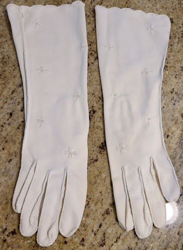 Vtg Size M/L 6.5 White Nylon Stretch Cross Embroidered Bead Formal 12.5" Gloves