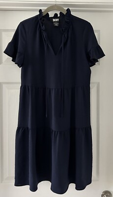 dkny tiered midi dress DKNY Tiered MIDI Dress Women's 4 Navy Ruffled Back Zip Flutter Short Sleeve