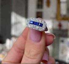 Art Deco Emerald Cut Sapphire  Lab Created Diamond 925 Silver Engagement Ring