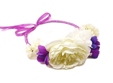 Purple and Off White Flowers Headband with Adjustable Ribbon