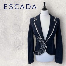 Escada Indigo Fitted Denim Floral Applique Jacket, Blazer De 40 Uk 14 Us 10