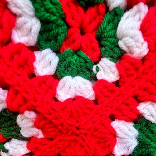 Crochet Red, White & Green Granny Square Handmade Christmas Stocking with bells - Picture 6 of 7