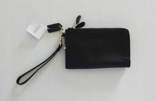 coach double corner zip wristlet in pebble leather