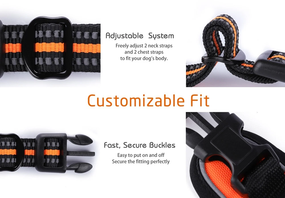 Dog Harness No-Pull Pet Harness with 2 Leash Clips Adjustable Reflective Orange