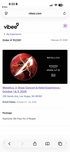 Metallica 2 show dates Concert + Hotel 10/1 & 10/3 Vegas sphere 2 ga tickets