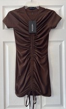 Pretty Little Thing Dress Chocolate Brown Rib Ruched Short Sleeve Bodycon Size 6
