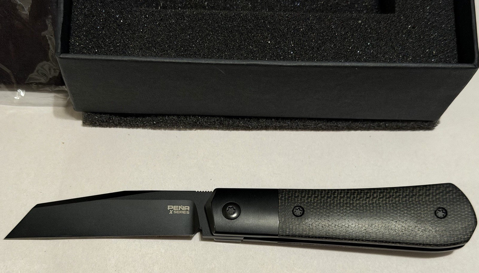 Pena X-Series Raptor Front Flipper Knife M390 with Black Micarta Handle Open Box