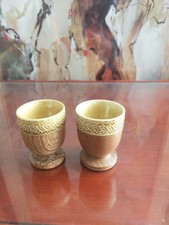 Vintage Pair of Ceramic & Teak Egg Cups 1960's Retro Pattern Mid Century Modern
