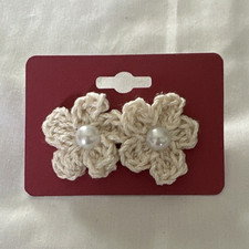 Ivory Crochet Flower Stud Earrings w/ White S...