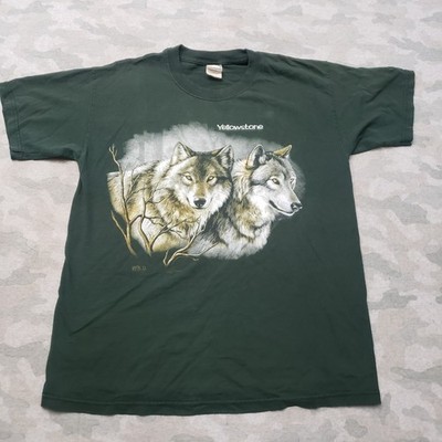 Vintage Gildan Nature Shirt Mens Large Green Wolf Heavyweight Short Sleeve