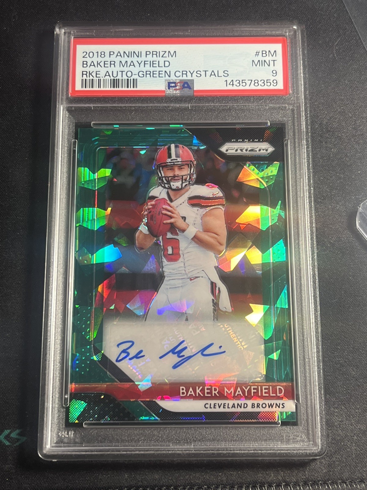 Baker Mayfield Rookie Auto 2018 Panini Prizm Green Crystals /75 - PSA 9 RA-BM