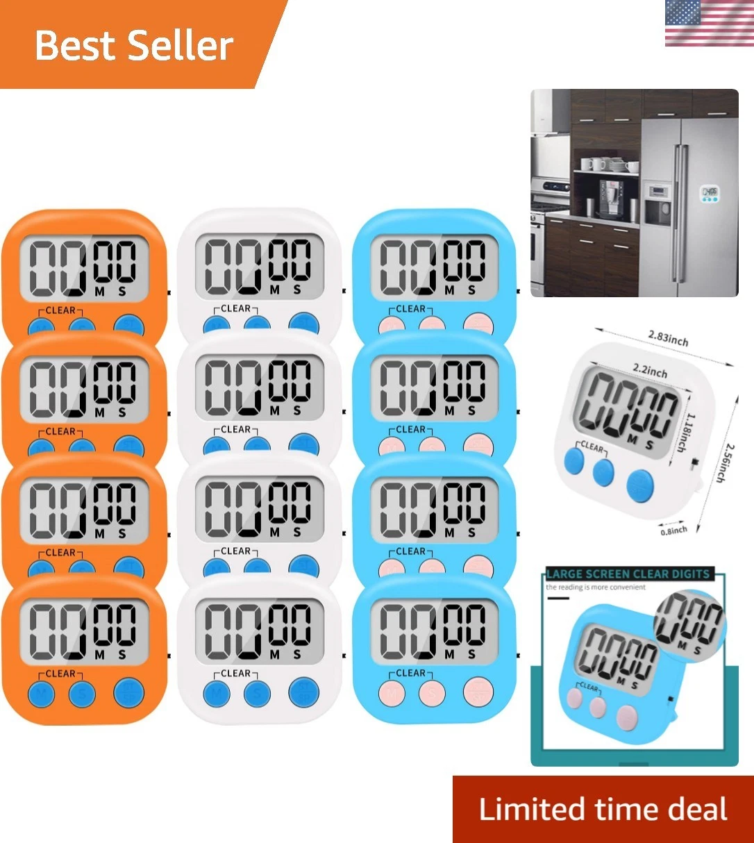 12 Pack Small Digital Kitchen Timer Magnetic Back and ON/Off Switch,Minute Se...