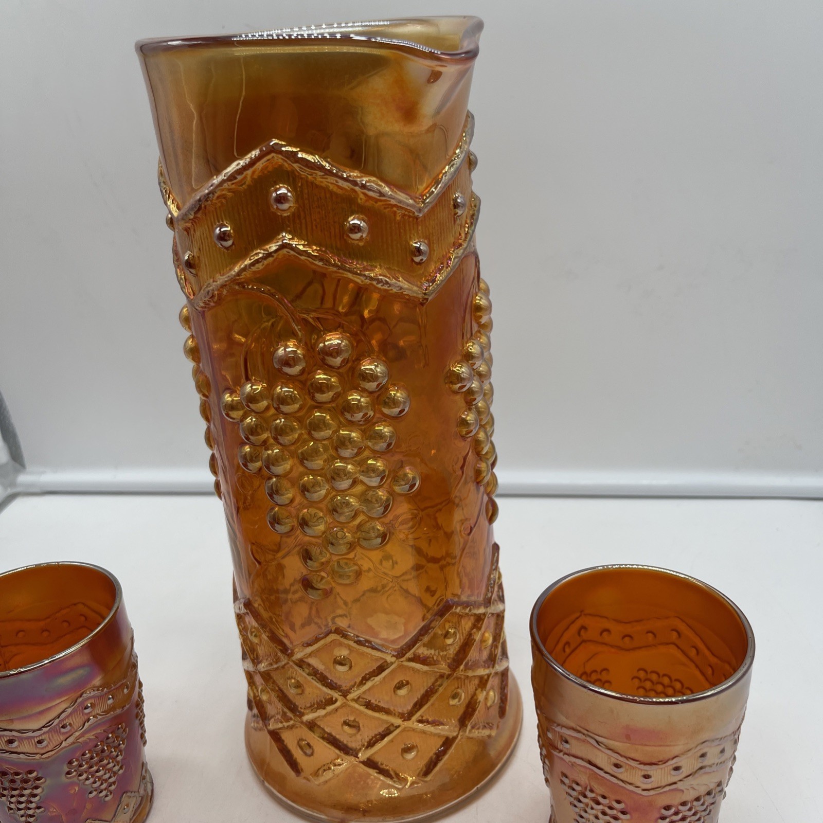 Fenton Marigold Carnival Glass Lattice & Grape Water Set Pitcher & 3 Tumblers