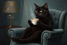 Black Cat Drinking Coffee Painting Wall Art Print Printed On Canvas Artprint