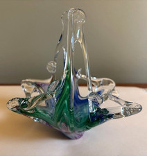 Art Glass Handled Basket Murano-Style Multicolor Swirl Marlbled Pattern Vintage