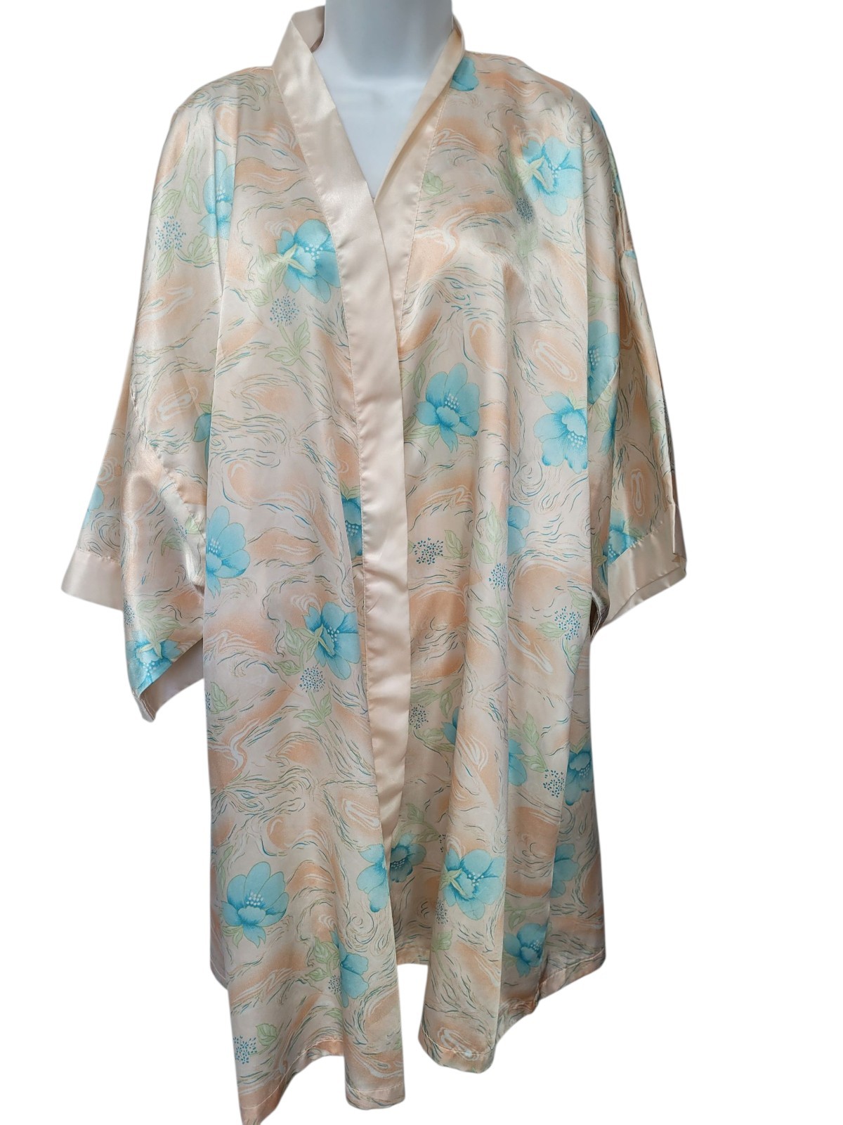 Vintage Contessa Di Roma 2X Blue Peach Floral Satin Robe Nightgown Set
